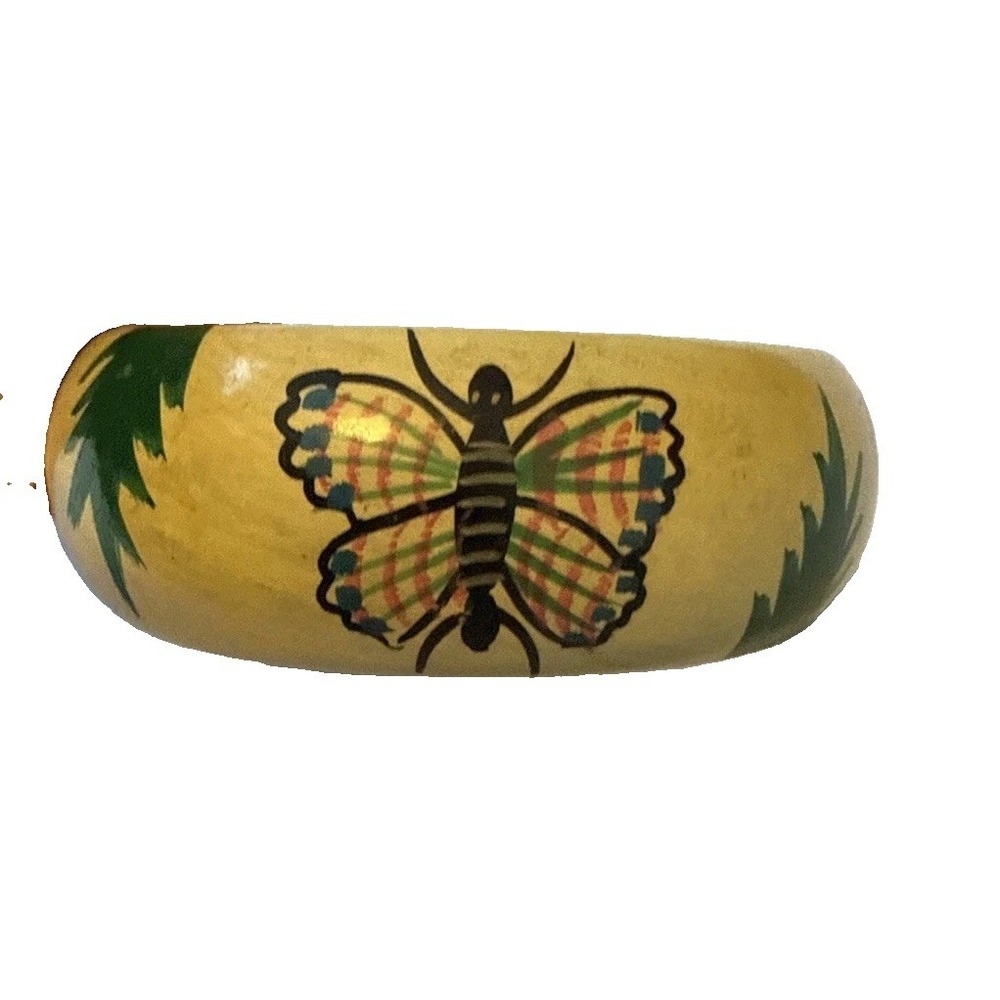 Vtg Handpainted Wooden Bangle Chunky Butterfly Plaid Cottagecore Retro Bracelet